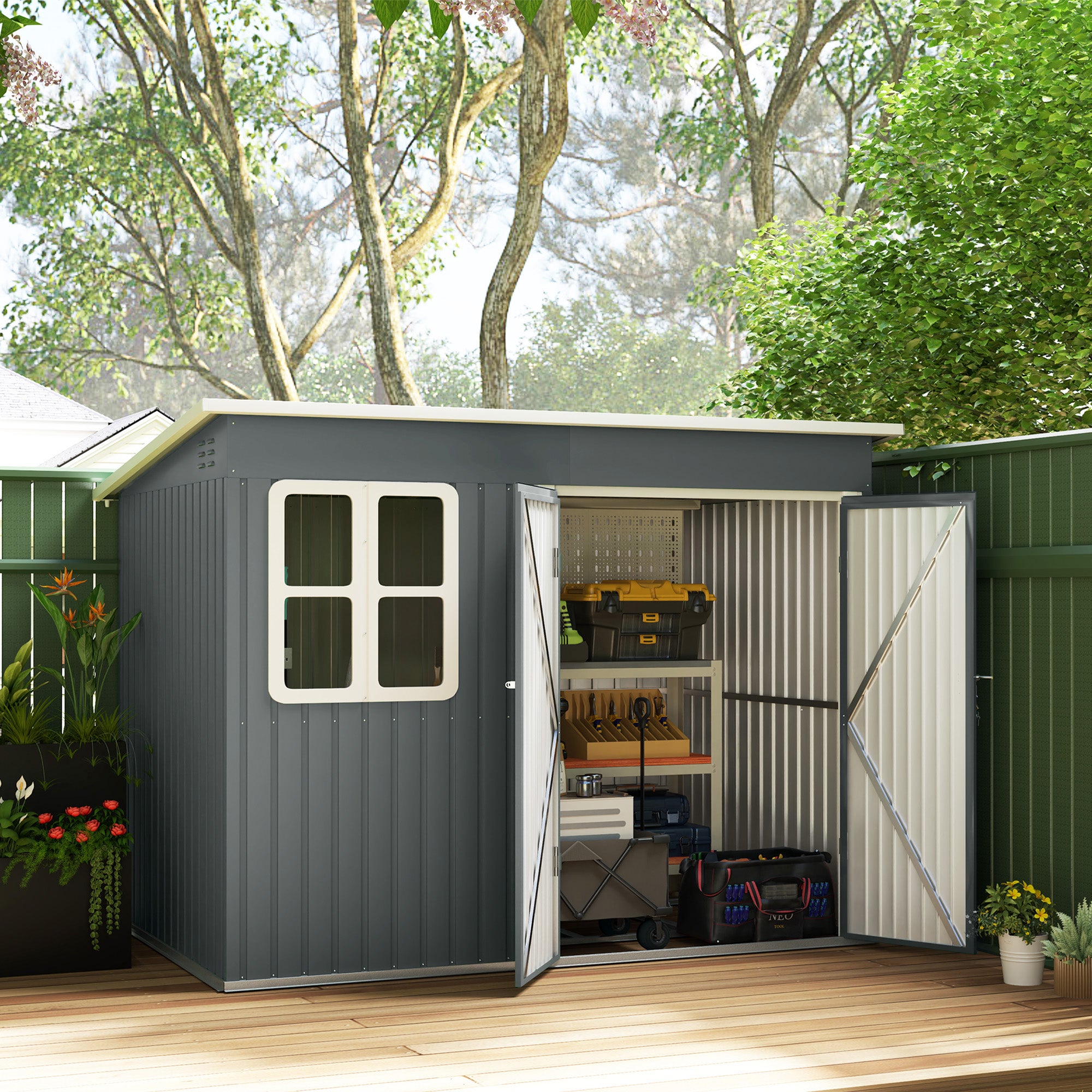 Outsunny Galvanised Steel Garden Shed with Foundation Kit, Dark Grey
