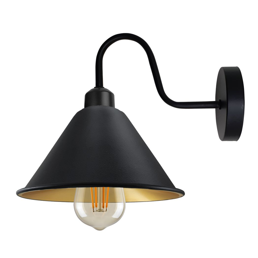 Vintage Black Gold Swan Neck Wall Light Fixture, E27 Cone Shade