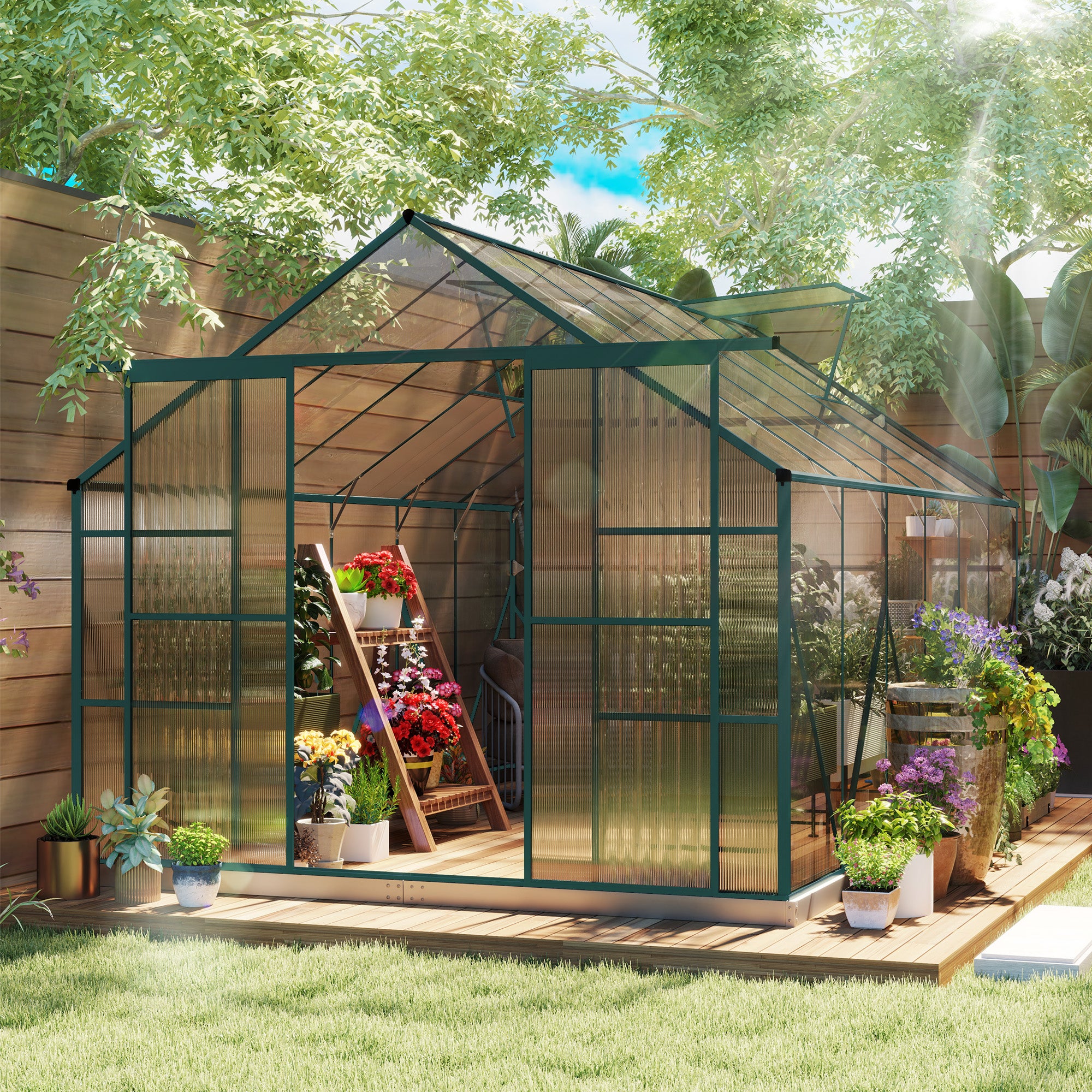 12x8ft Walk-In Polycarbonate Greenhouse with Double Sliding Doors