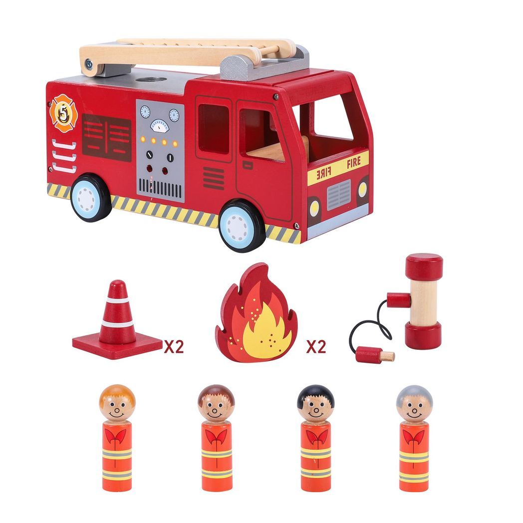 SOKA Wooden Fire Engine Truck Playset with 4 Firefighters