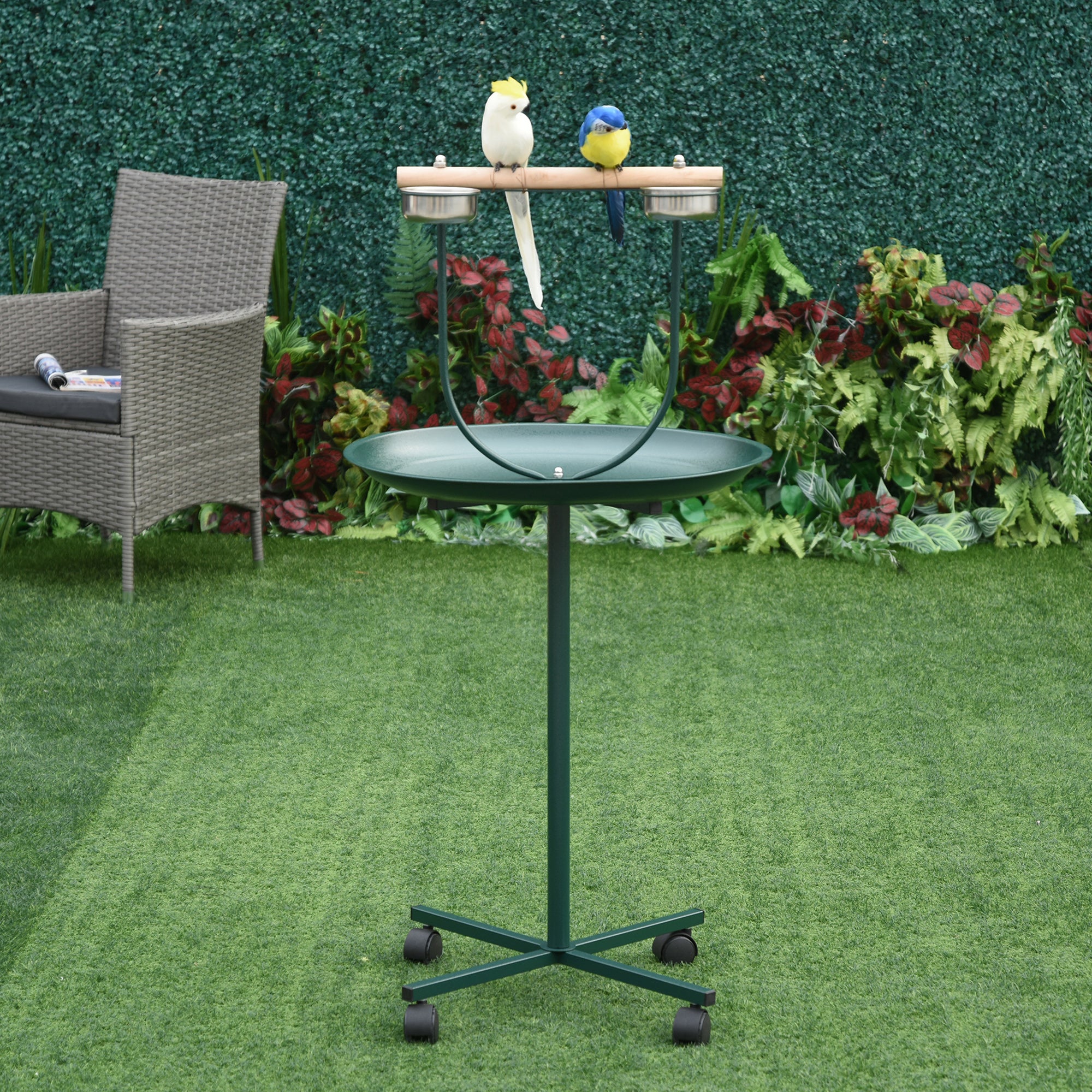 PawHut Bird Perch Stand T-Stand with Wooden Perch, Tray, 2 Stainless Steel Bowls, Wheels, Green