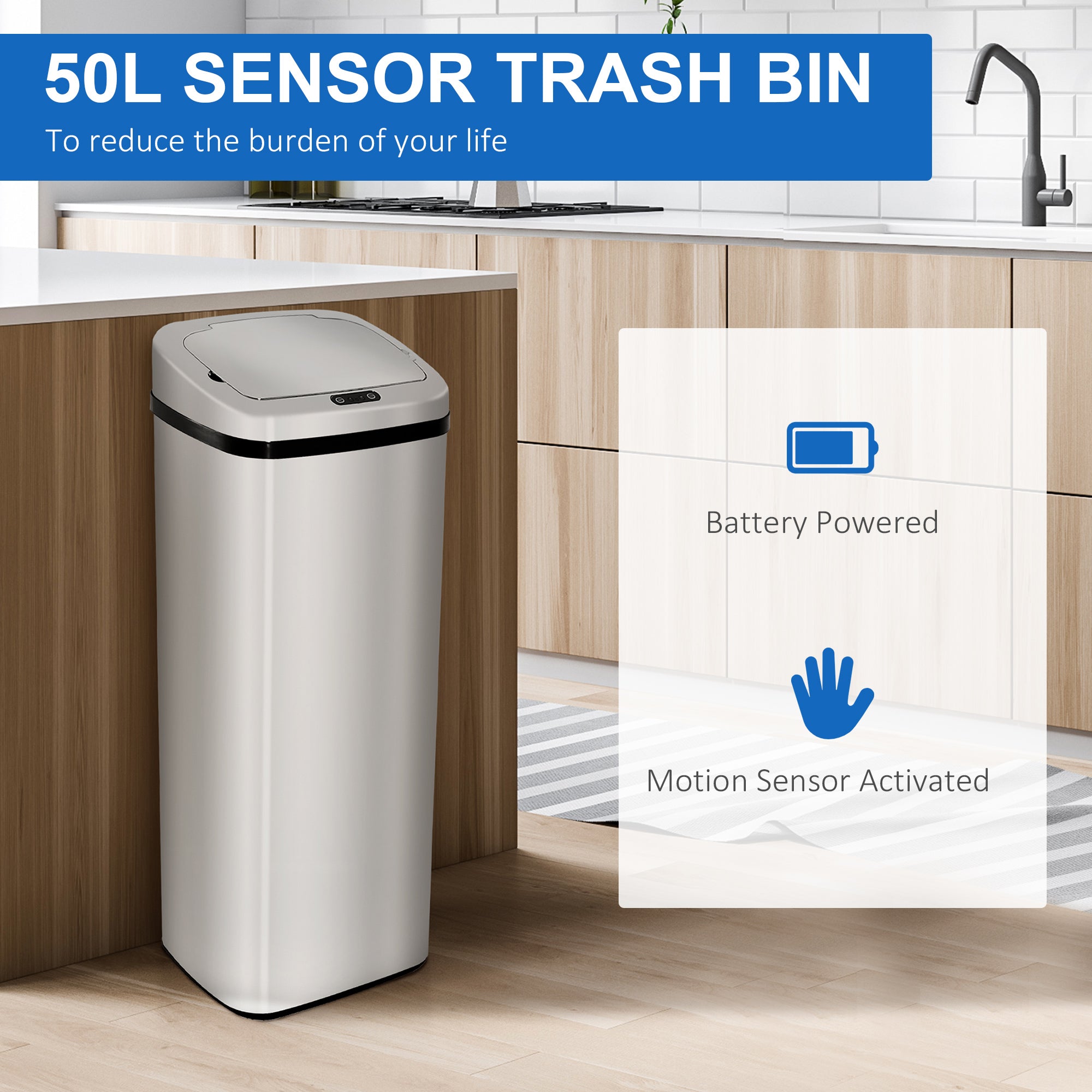 HOMCOM 50L Motion Sensor Rubbish Bin Silver/Black
