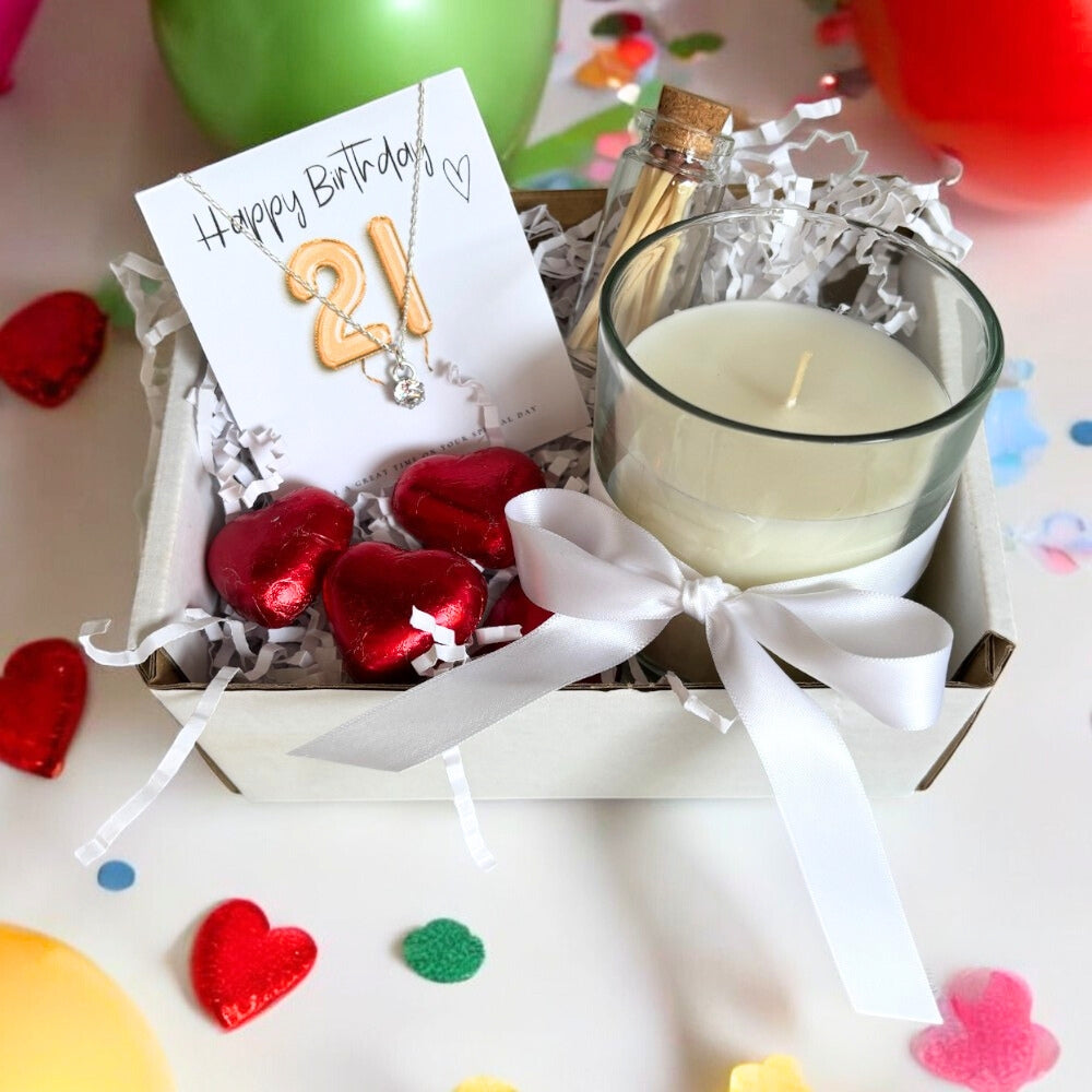 Small 21st Birthday Gold Balloons Gift Hamper with Sterling Silver Cubic Zirconia Necklace, Linen Scented Candle & Milk Chocolate Hearts