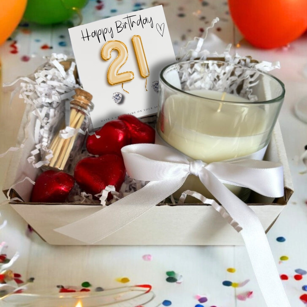Small 21st Birthday Gold Balloons Gift Hamper with Cubic Zirconia Earrings, Candle and Chocolates