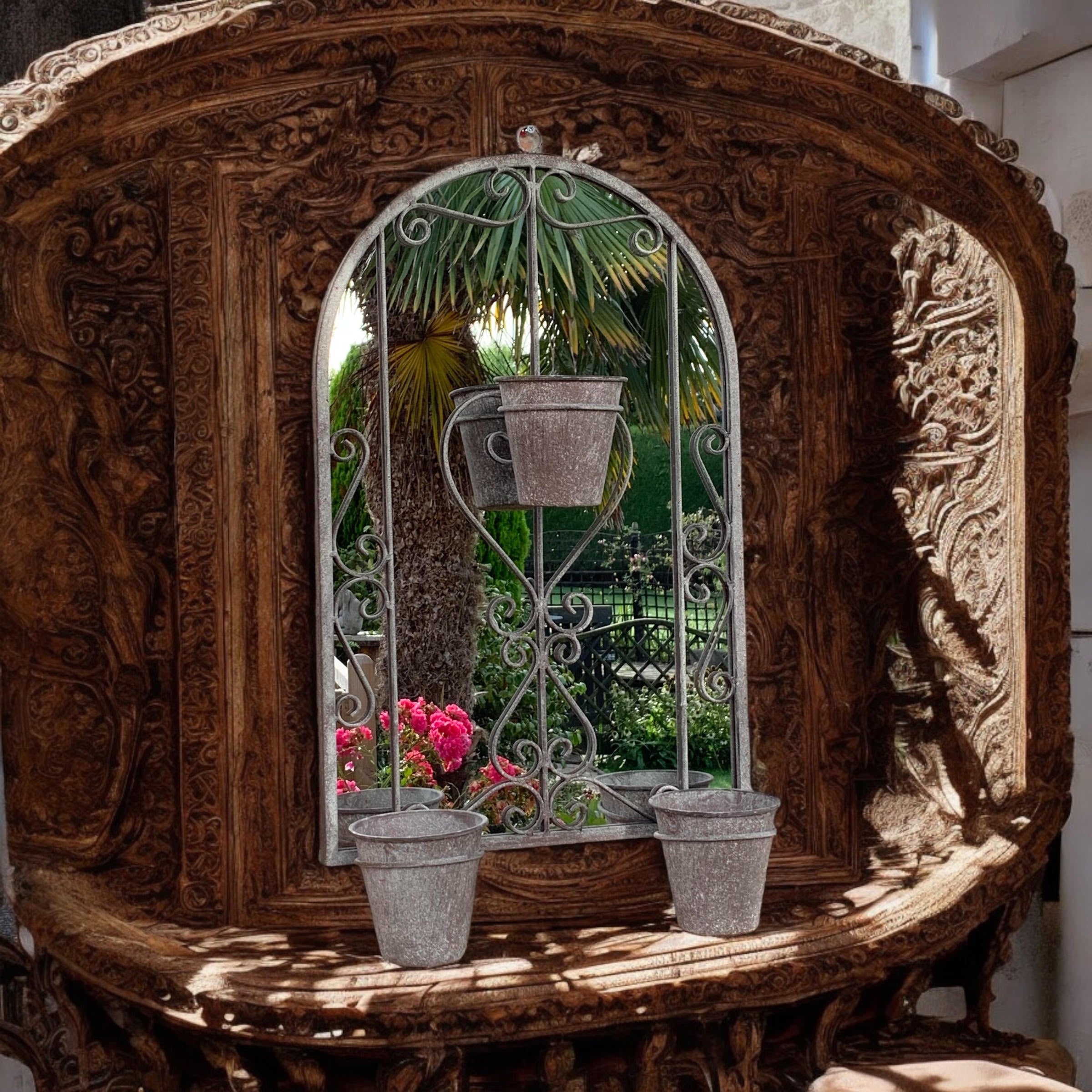 80cm Antique Finish Metal Wall Mirror with 3 Planter Holders and Pot