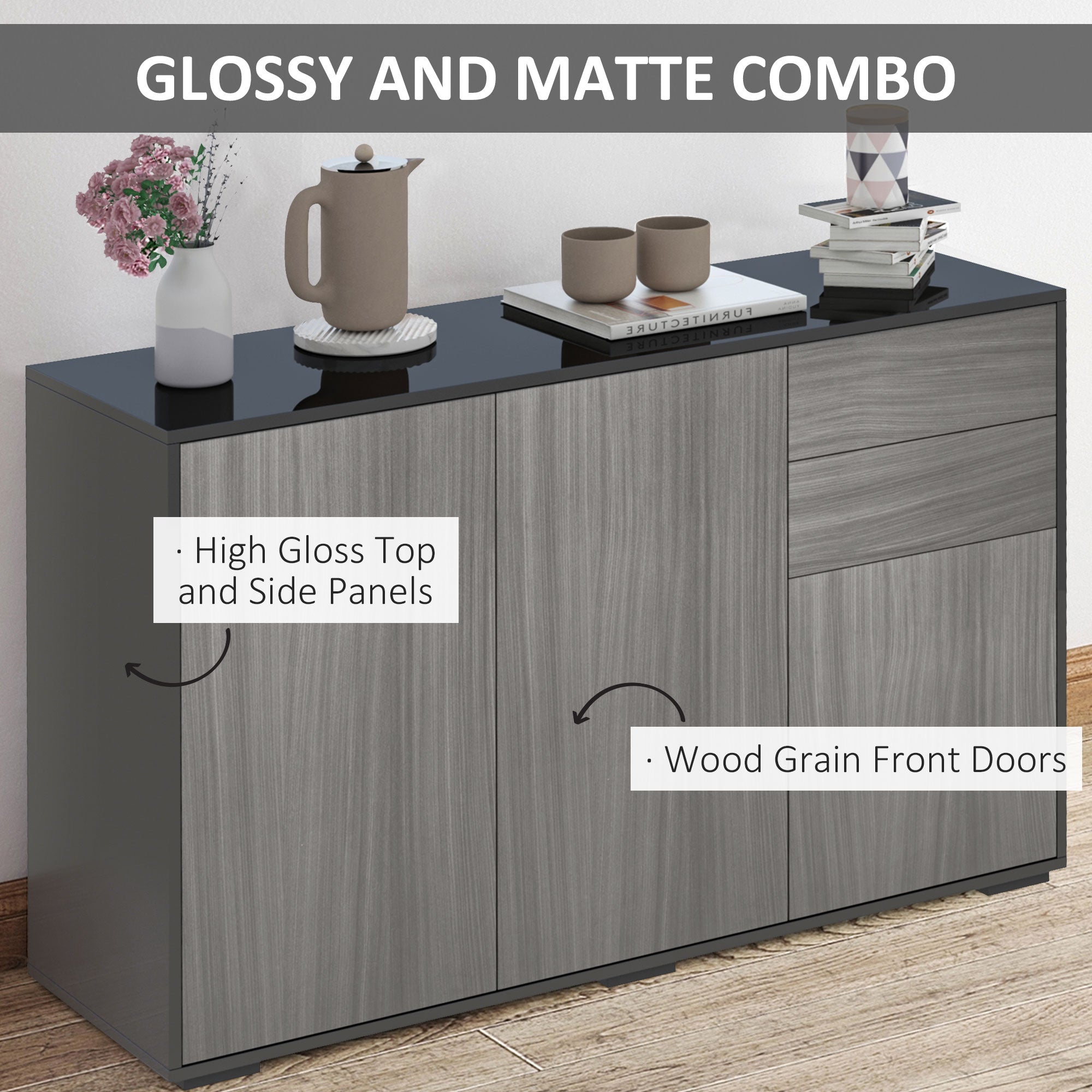 Side Cabinet with 2 Doors and 2 Drawers, Freestanding Home Office Storage Cabinet, Grey Black