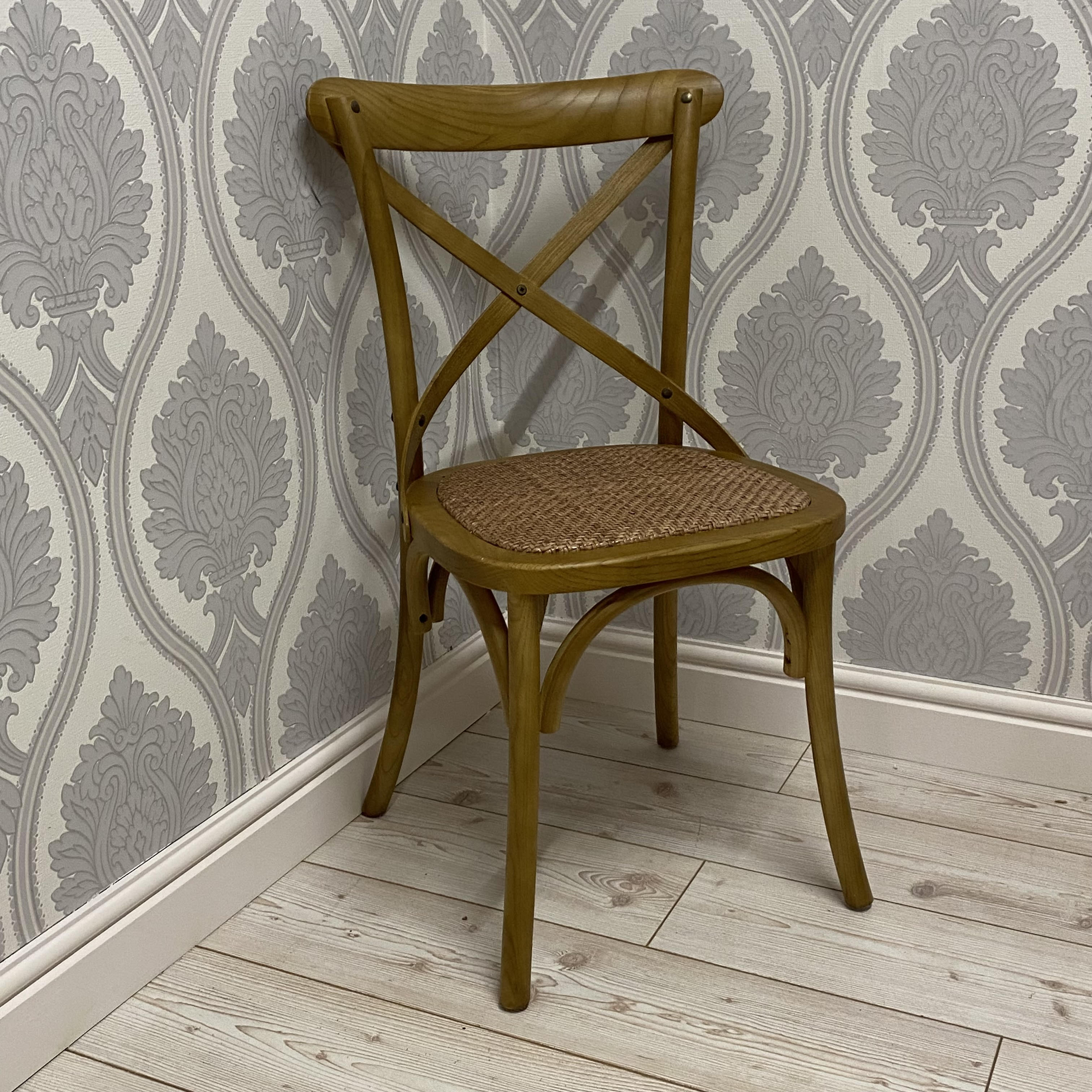 Natural French Cross Back Chair, Elm Wood, Stackable, Indoor Use, 46 x 49 x 88 cm
