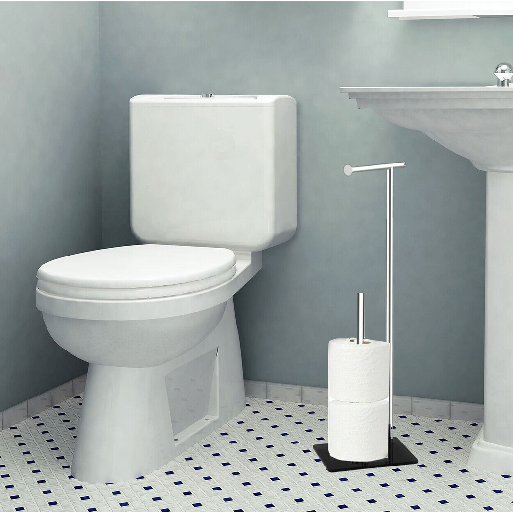 Free-Standing Stainless Steel Toilet Roll Holder and Storage Stand with Black Tempered Glass Base