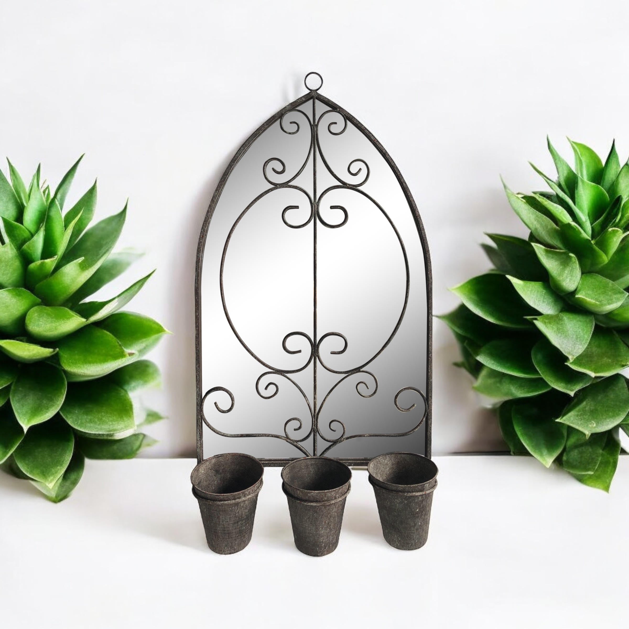 73cm Rusty Wall Mirror with Triple Planter Holders and Pots