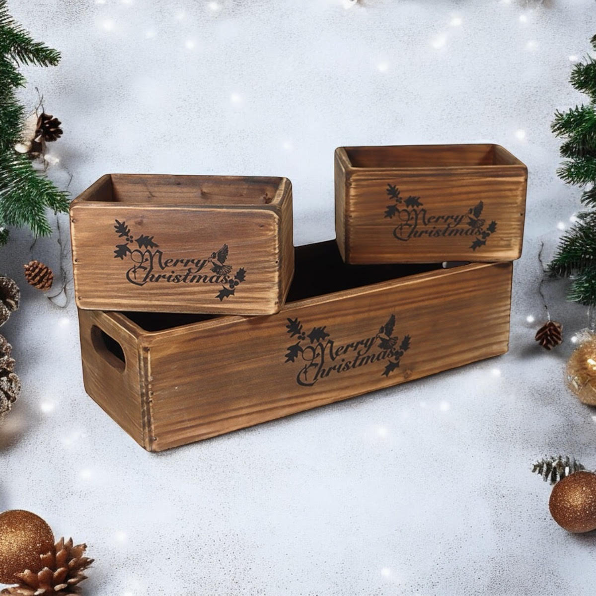 MSL Set of 3 Hand Finished Wooden Christmas Boxes 34/15/15cm