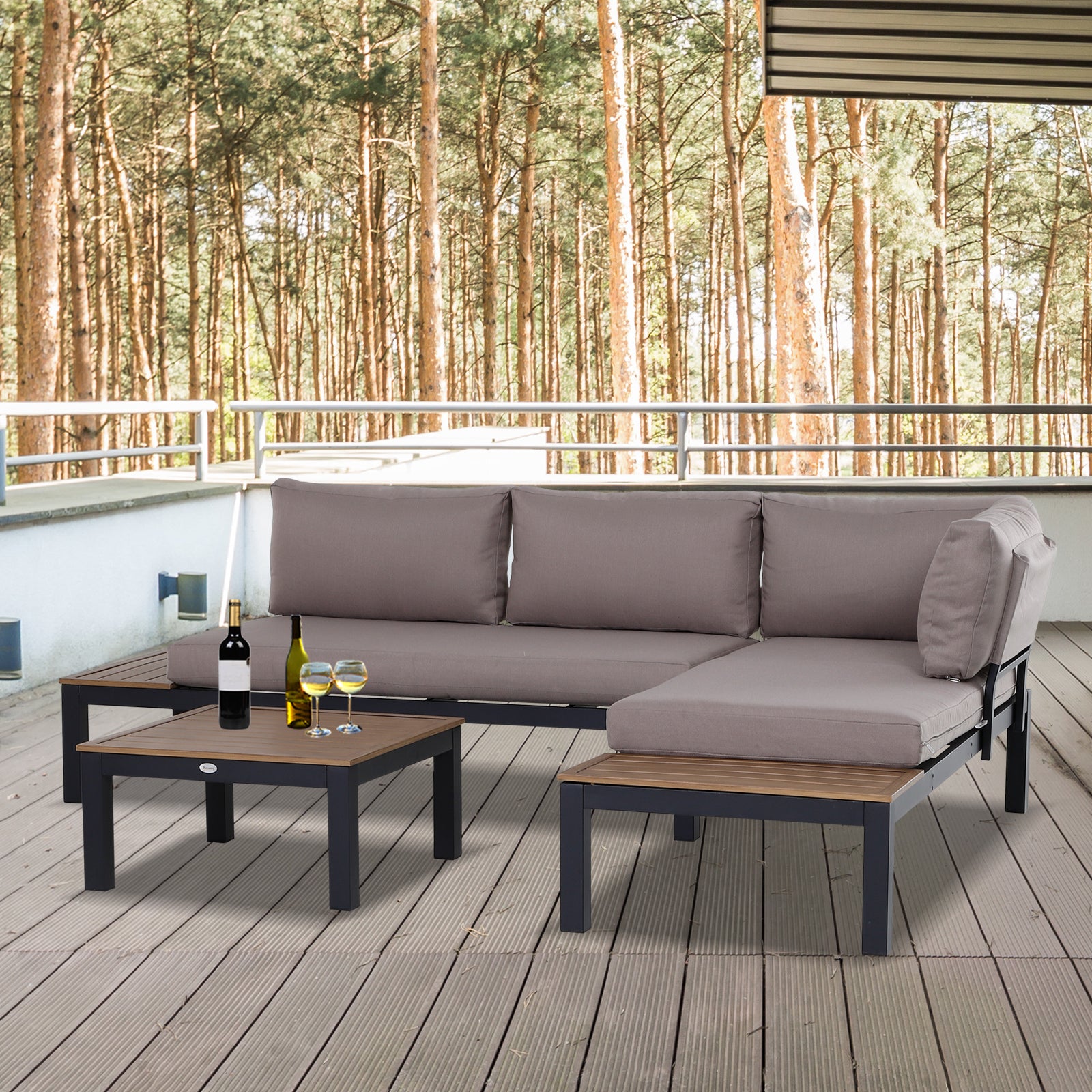 Outsunny 3-Piece Aluminium Frame Outdoor Lounge Set with Sofa, Chaise Lounge and Table, Mixed Grey