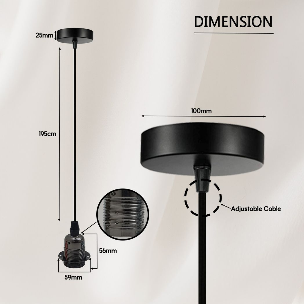 Vintage Industrial Black Pendant Light Fitting, lampshade Holder Fitting  Set with 2m Cable.