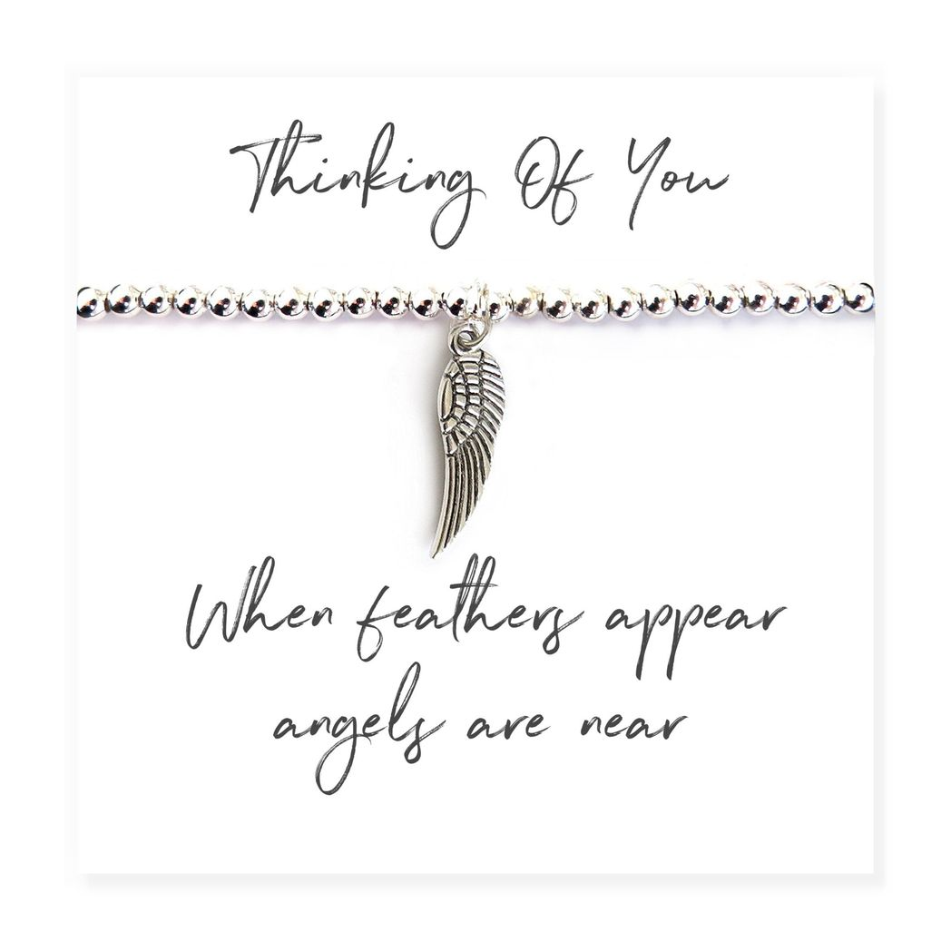 Angel Feather Silver Beaded Bracelet on Message Card