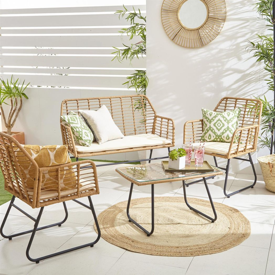 Neo 4 Piece Rattan Garden Sofa Set with Glass Table and Cushions