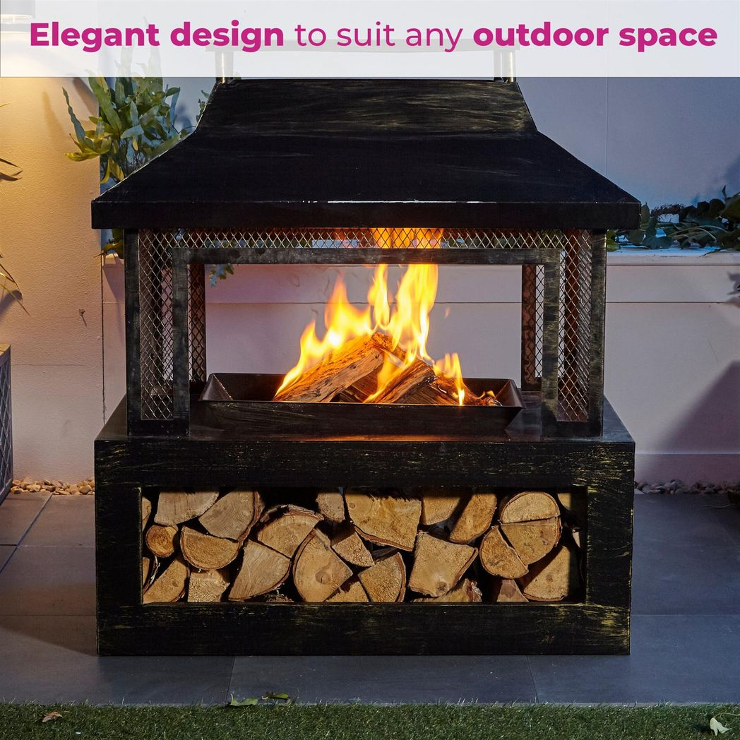 Neo Powder Black Steel Outdoor Fire Pit with Mesh Cover, Charcoal Grate, Poker and Removable Cooking Grill