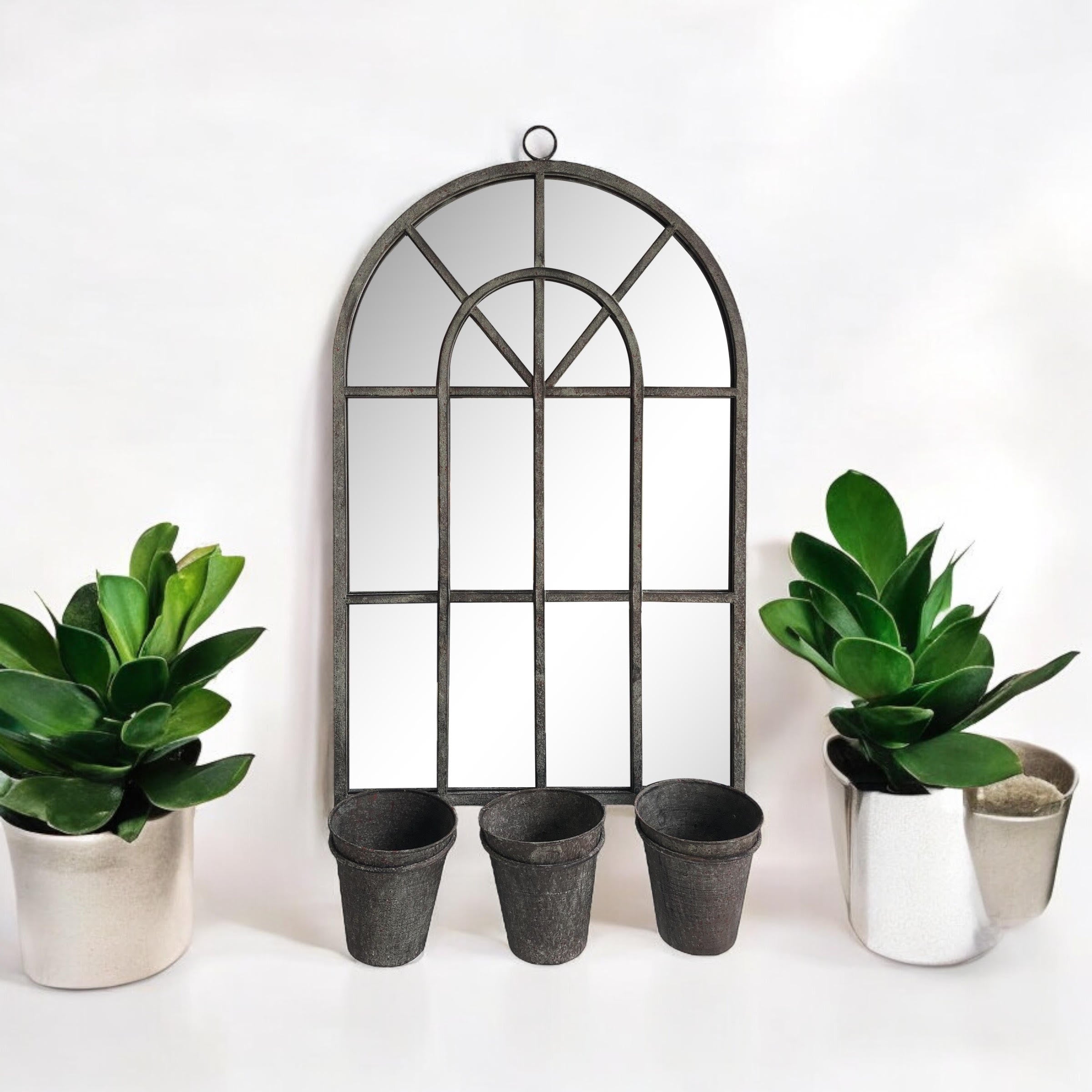 78cm Rusty Wall Mirror with Triple Planter Holders and Pots