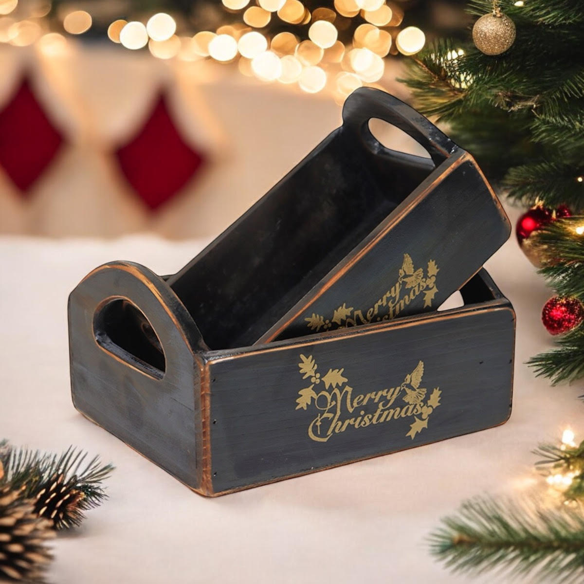 MSL Set of 2 Black Wooden Christmas Crates