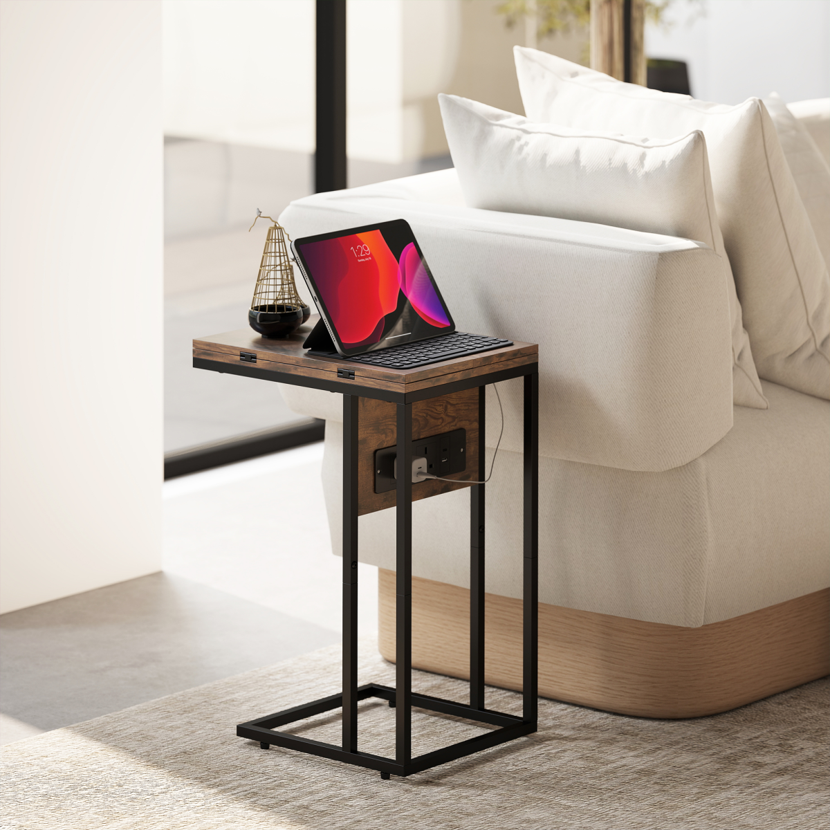 HOMCOM C-Shaped Side Table with Charging Station, Foldable Top