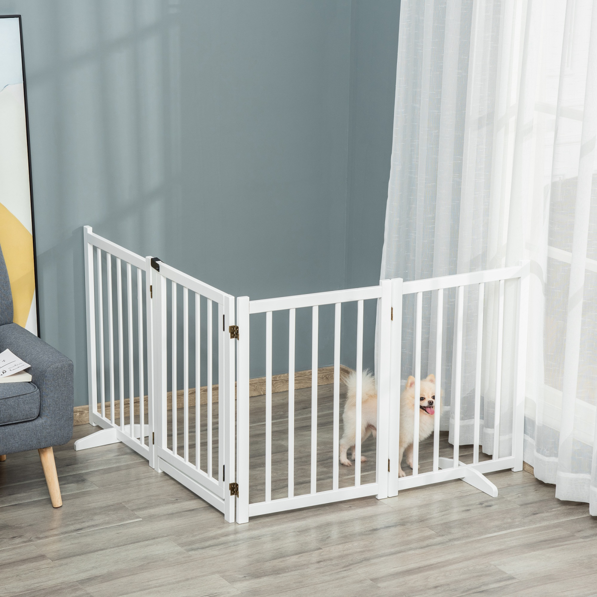 Freestanding Wooden Pet Gate with Lock and 2 Support Feet for Doorways and Stairs, White