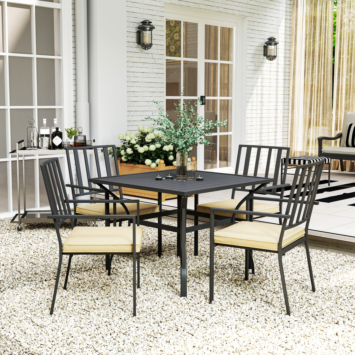 Outsunny 5-Piece Outdoor Garden Dining Set with 4 Stackable Cushioned Armchairs and Metal Table