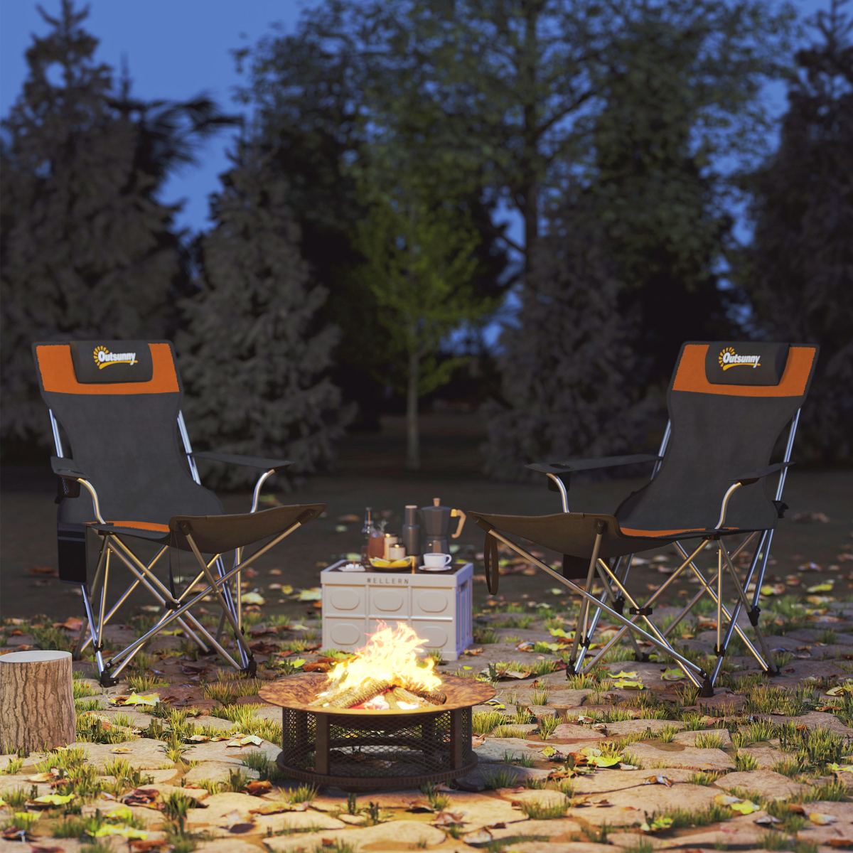 Outsunny Set of 2 Reclining Camping Chairs with Footrest, Orange/Black