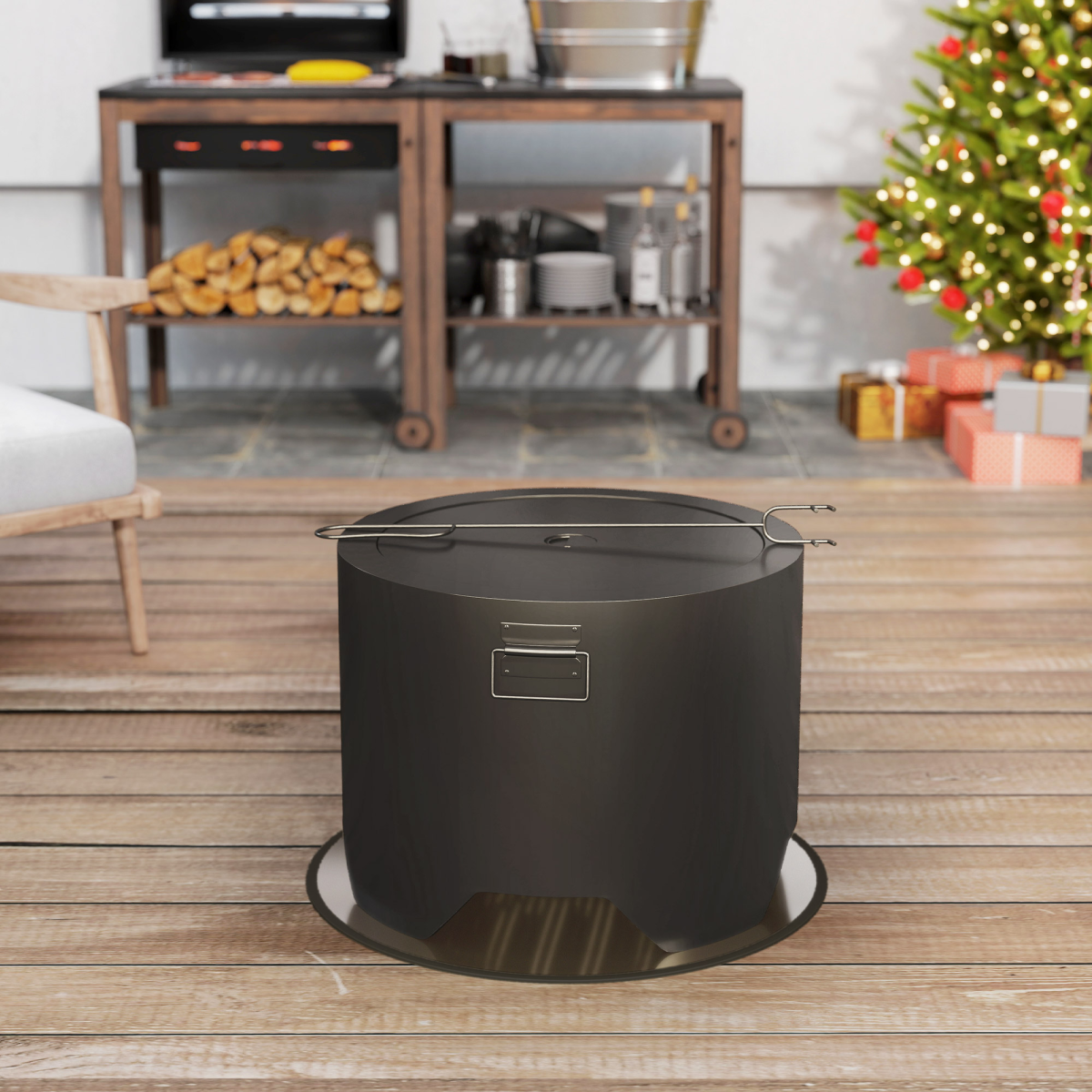 Outsunny Outdoor Round Wood Burning Fire Pit with Lid and Poker, Black