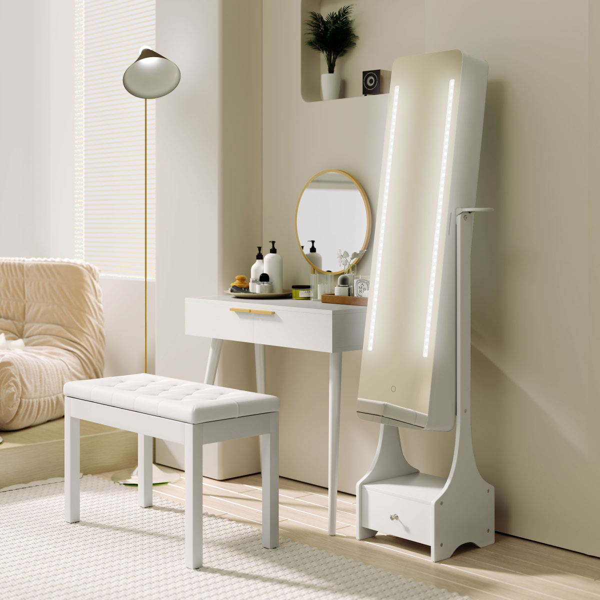 Freestanding Jewellery Armoire Mirror with LED Lights, Hooks & Drawer