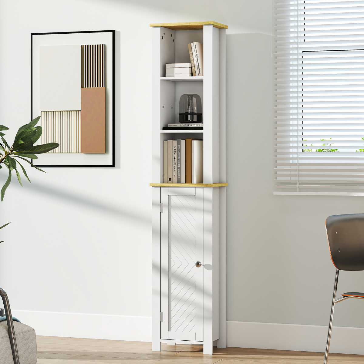 kleankin Slim Bathroom Storage Cabinet with Open Shelf, White