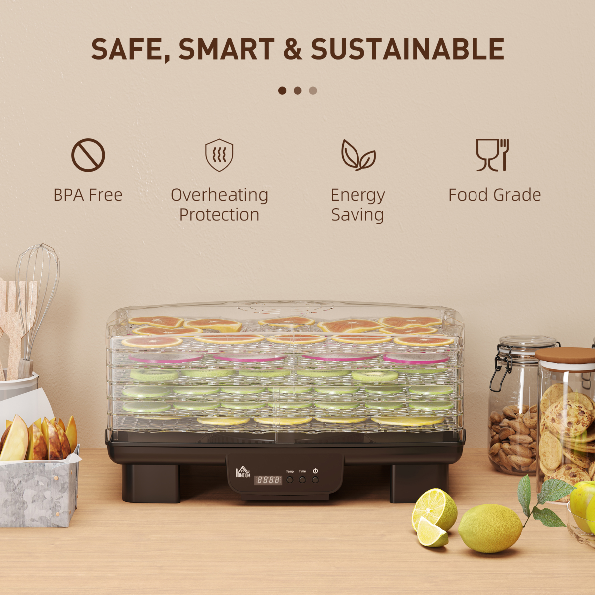 HOMCOM 6-Tray Food Dehydrator, 40-70°C Adjustable Temp, 1-48H Timer
