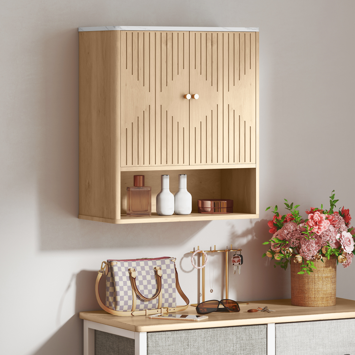 HOMCOM Bathroom Wall Cabinet with Adjustable Shelf, Open Shelf, Oak