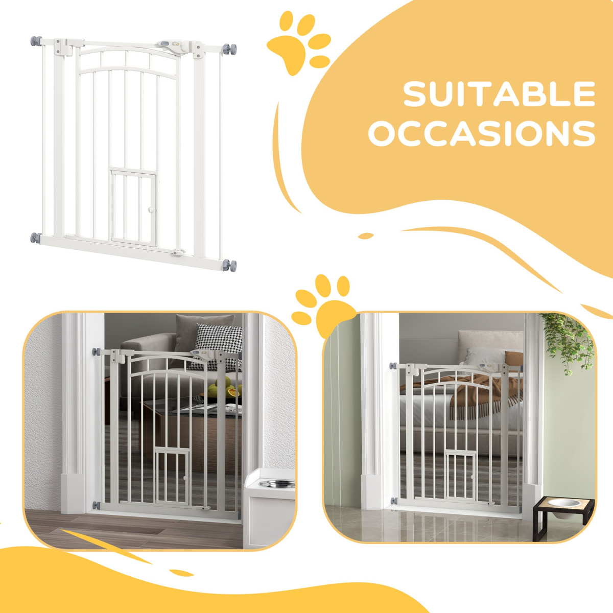 PawHut Adjustable Steel Pet Safety Gate with Cat Door, 74-80cm