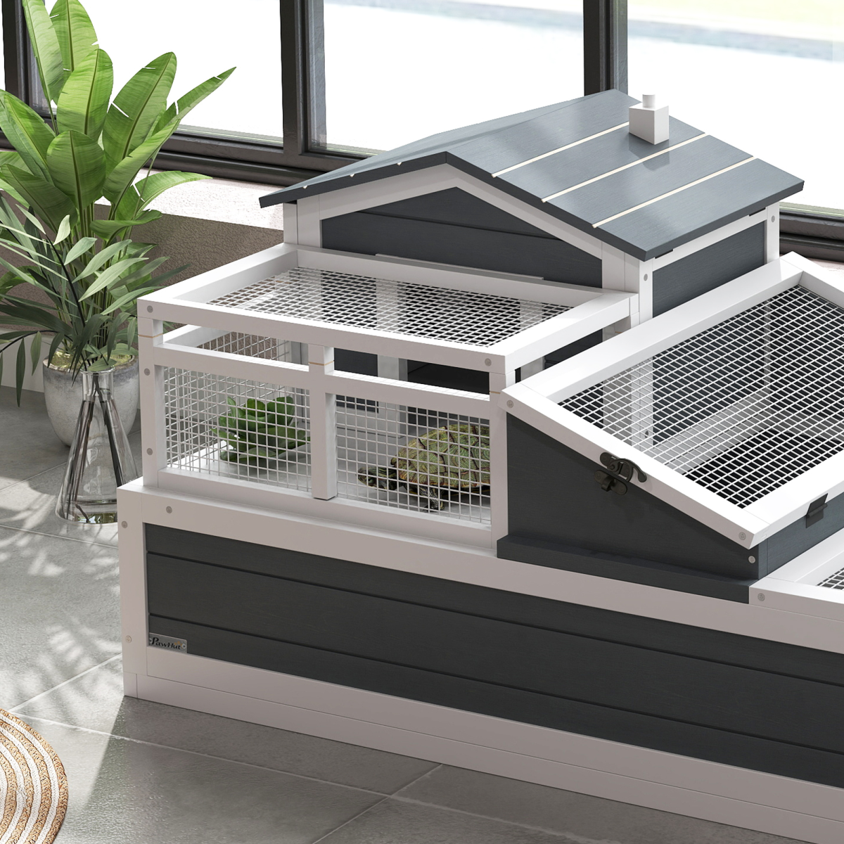 PawHut Wooden Tortoise House with Balcony, Tray & Openable Roof