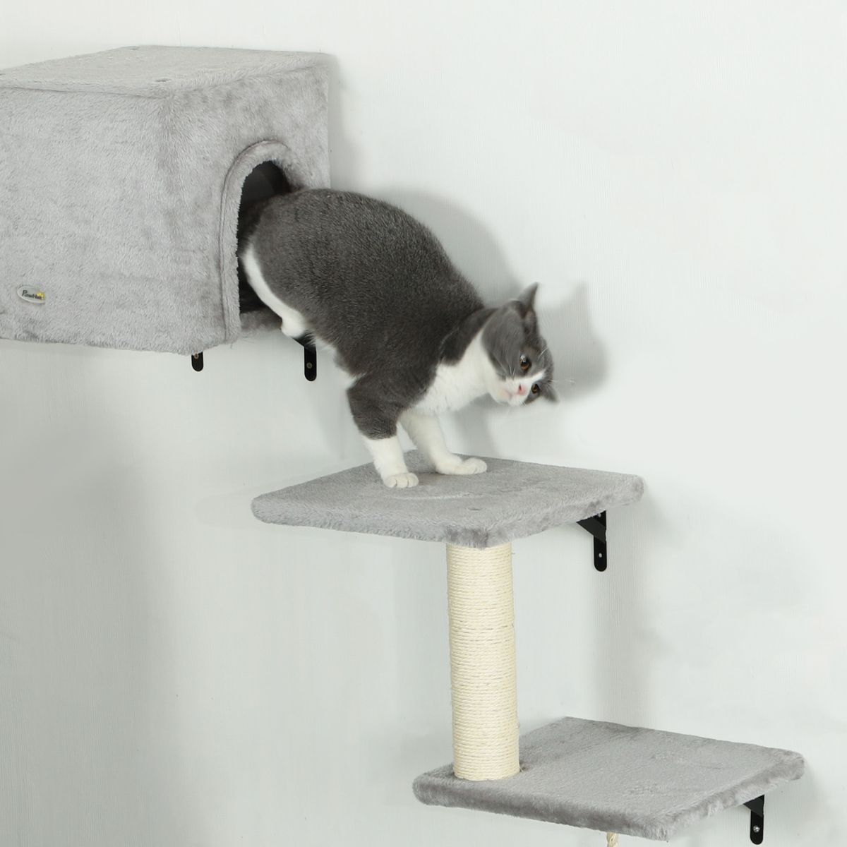 PawHut 6-Piece Wall-Mounted Cat Shelves Set with Condo, Grey
