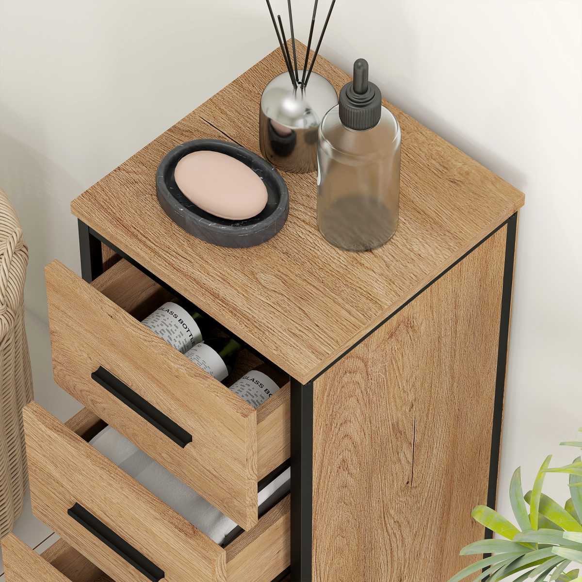 HOMCOM Narrow 4-Drawer Bathroom Storage Cabinet, Oak