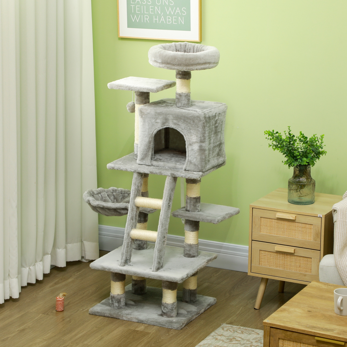 PawHut 132cm Cat Tree with House, Hammock & Scratch Posts Grey