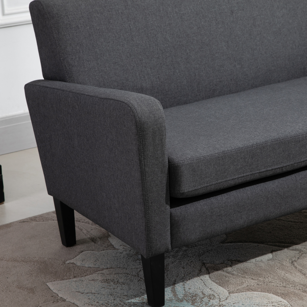 HOMCOM Grey Linen-Look 2-Seater Loveseat with Curved Arms, Slanted Back, Thick Cushion, Wood Legs