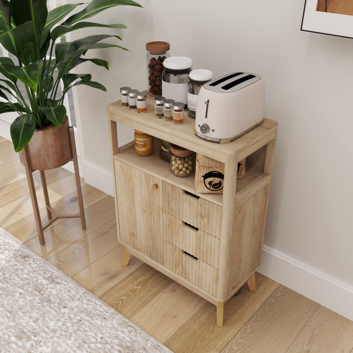 HOMCOM Modern Fluted Sideboard Storage Cabinet with Drawers