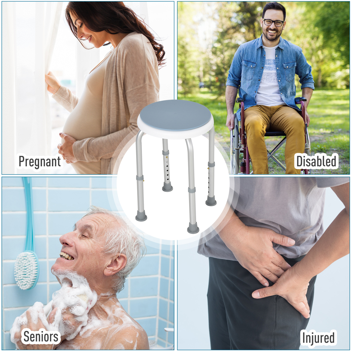 360° Swivel Bath Shower Stool, Adjustable Height, Non-Slip Feet