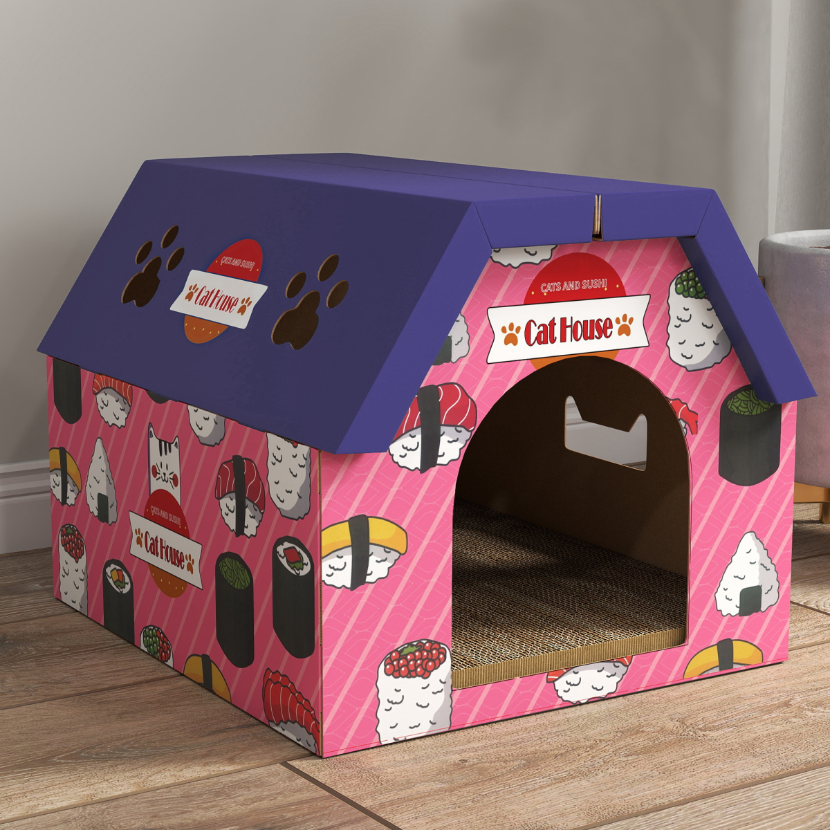 PawHut 2-in-1 Cat House & Scratcher with Cat Grass, Pink