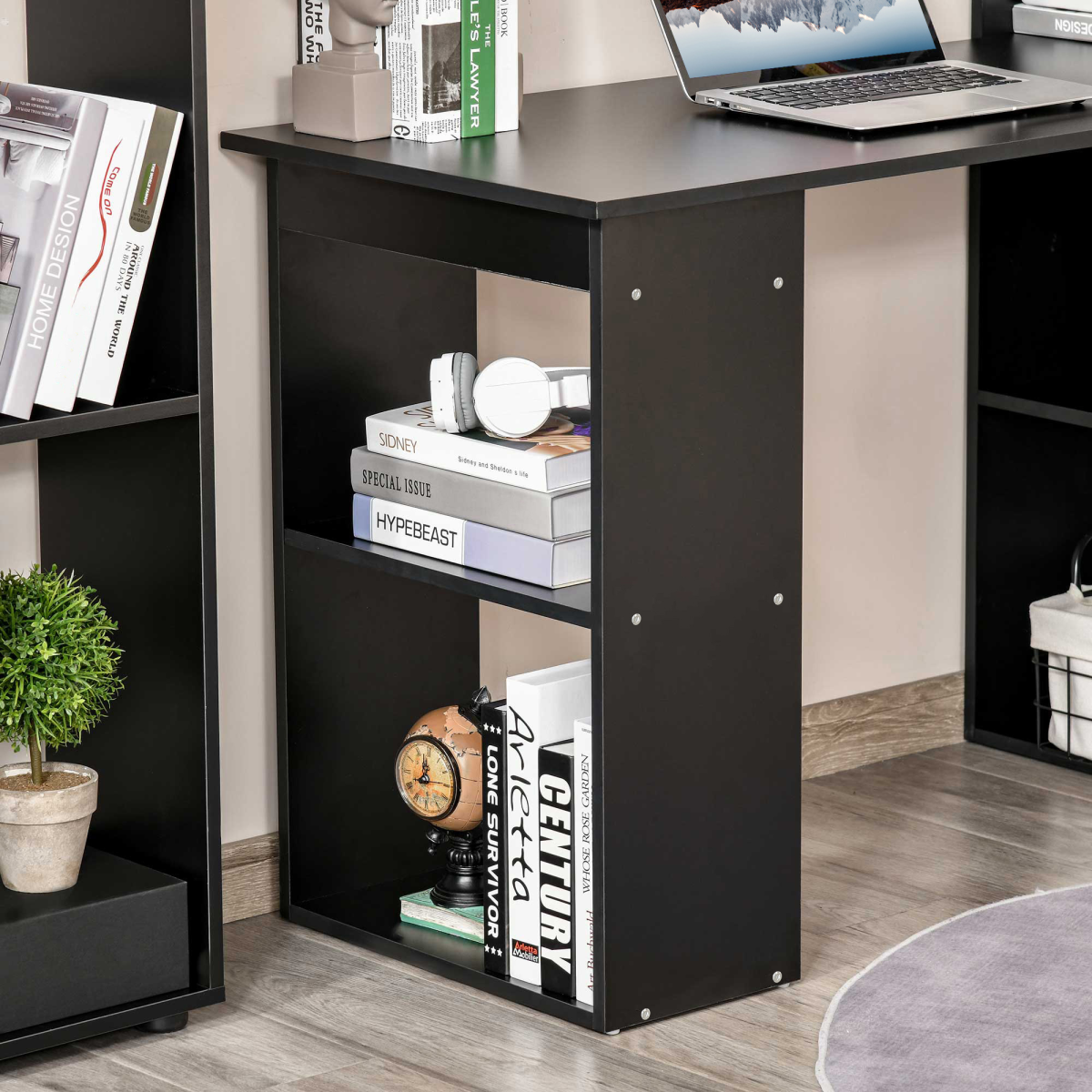 HOMCOM Computer Desk, 120 x 55 x 120 cm, Black, Space-Saving Design with 6 Shelves and Cubby Storage