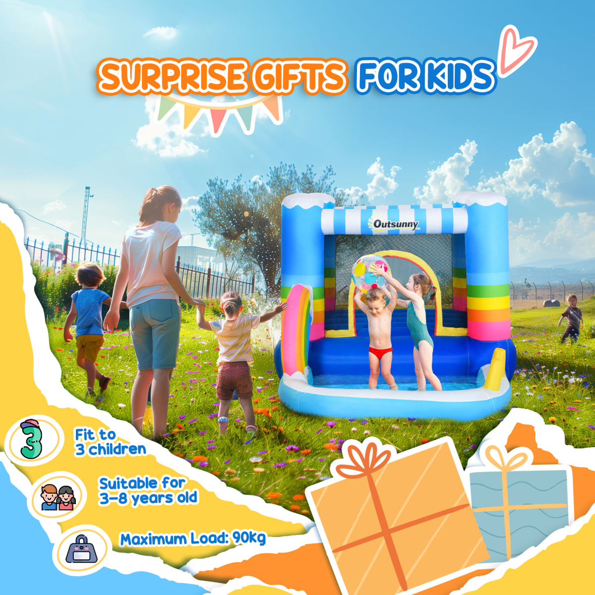 Kids Bouncy Castle Trampoline with Pool, Net & Blower, 3-8 Years