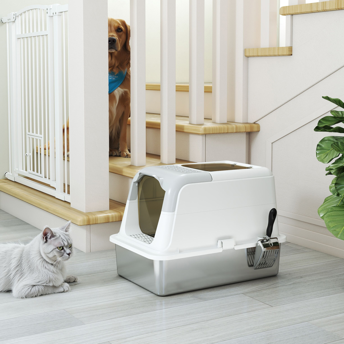PawHut Enclosed Stainless Steel Cat Litter Box with Scoop