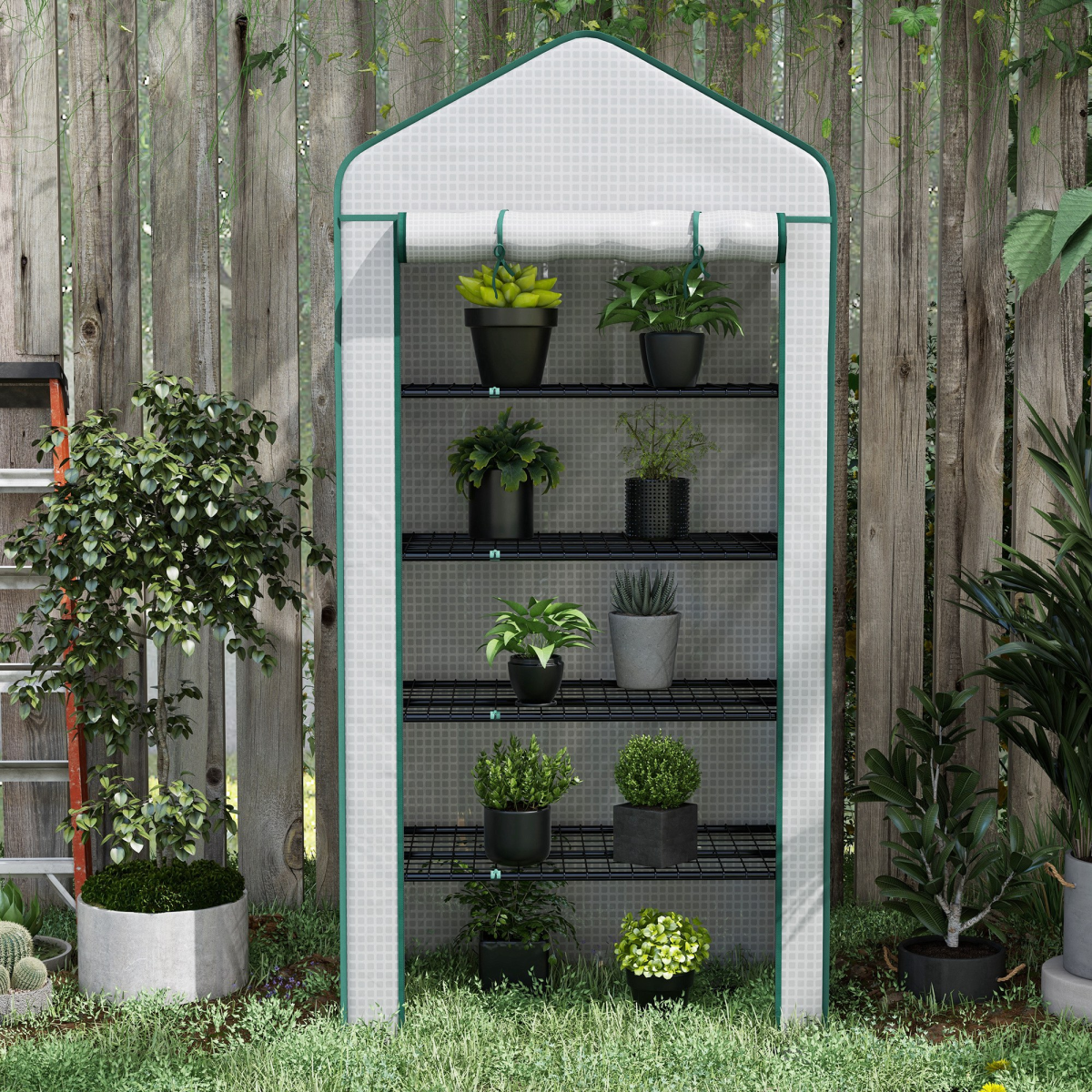 Outsunny 5-Tier Mini Greenhouse with Wide Roll-Up Door, White, 90 x 49 x 193 cm