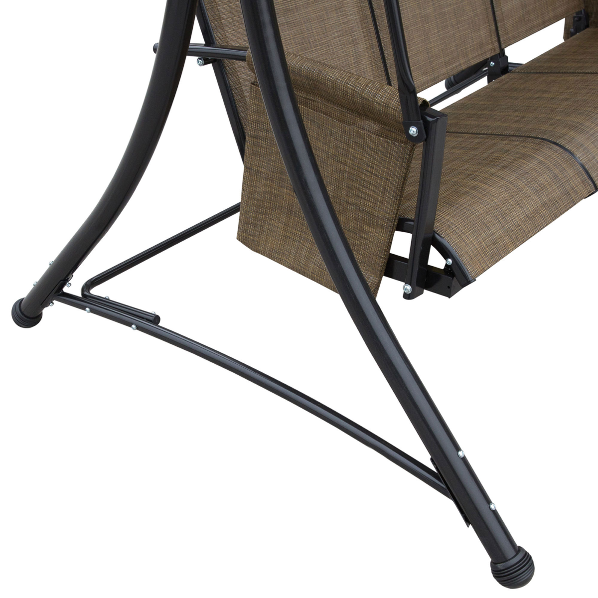 Outsunny 3-Person Swing Chair with Adjustable Canopy, Side Pockets and High Back, Brown