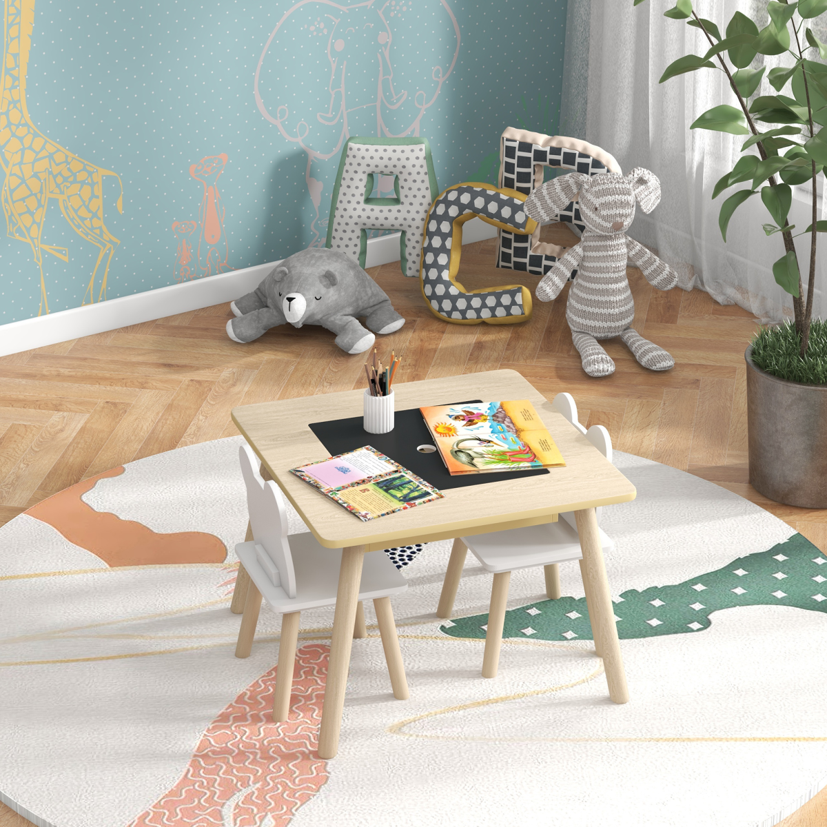 AIYAPLAY 3-Piece Toddler Table and 2 Bear Chairs with Storage