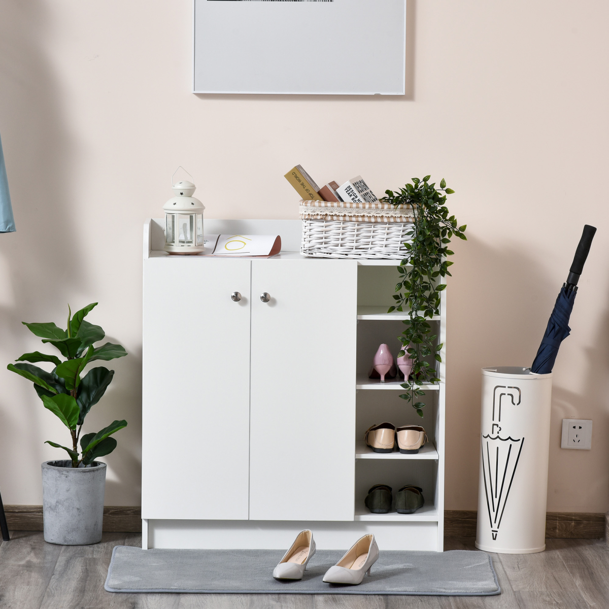 HOMCOM White Shoe Storage Cabinet with 2 Doors, Adjustable 4 Shelves, 4-Tier Shoe Organizer