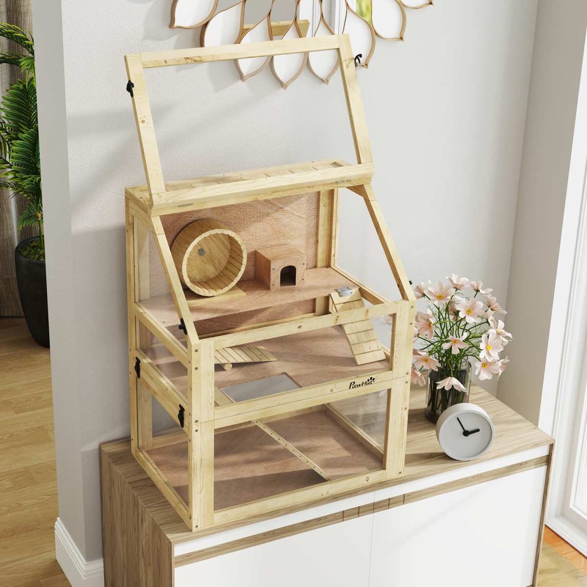 PawHut Wooden Hamster Cage with Detachable Bottom, Three-Layer Design, Hut and Seesaw, 60 x 40 x 75cm