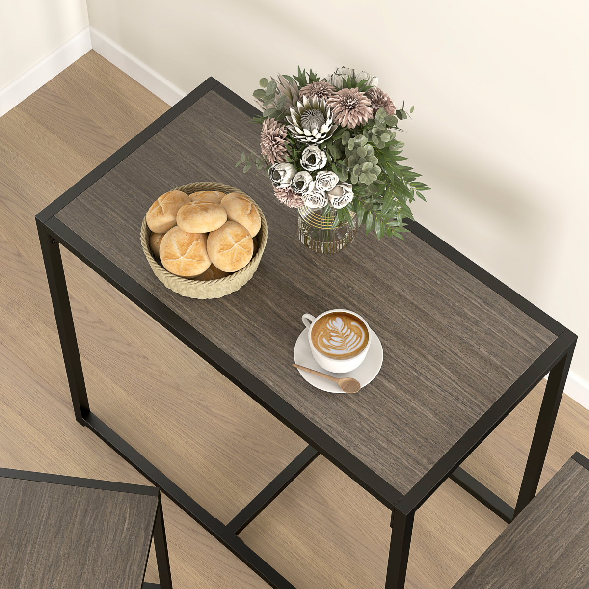 HOMCOM 3-Piece Dining Table Set, Steel Frame, Grey Wood-Effect