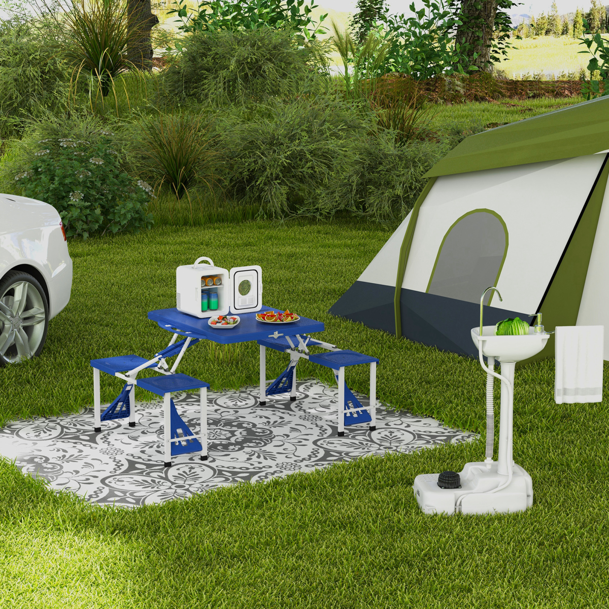 Portable Camping Sink with Foot Pump, 17L Water Tank, Towel Holder, Hand Sanitizer Tank and Drainage Hose