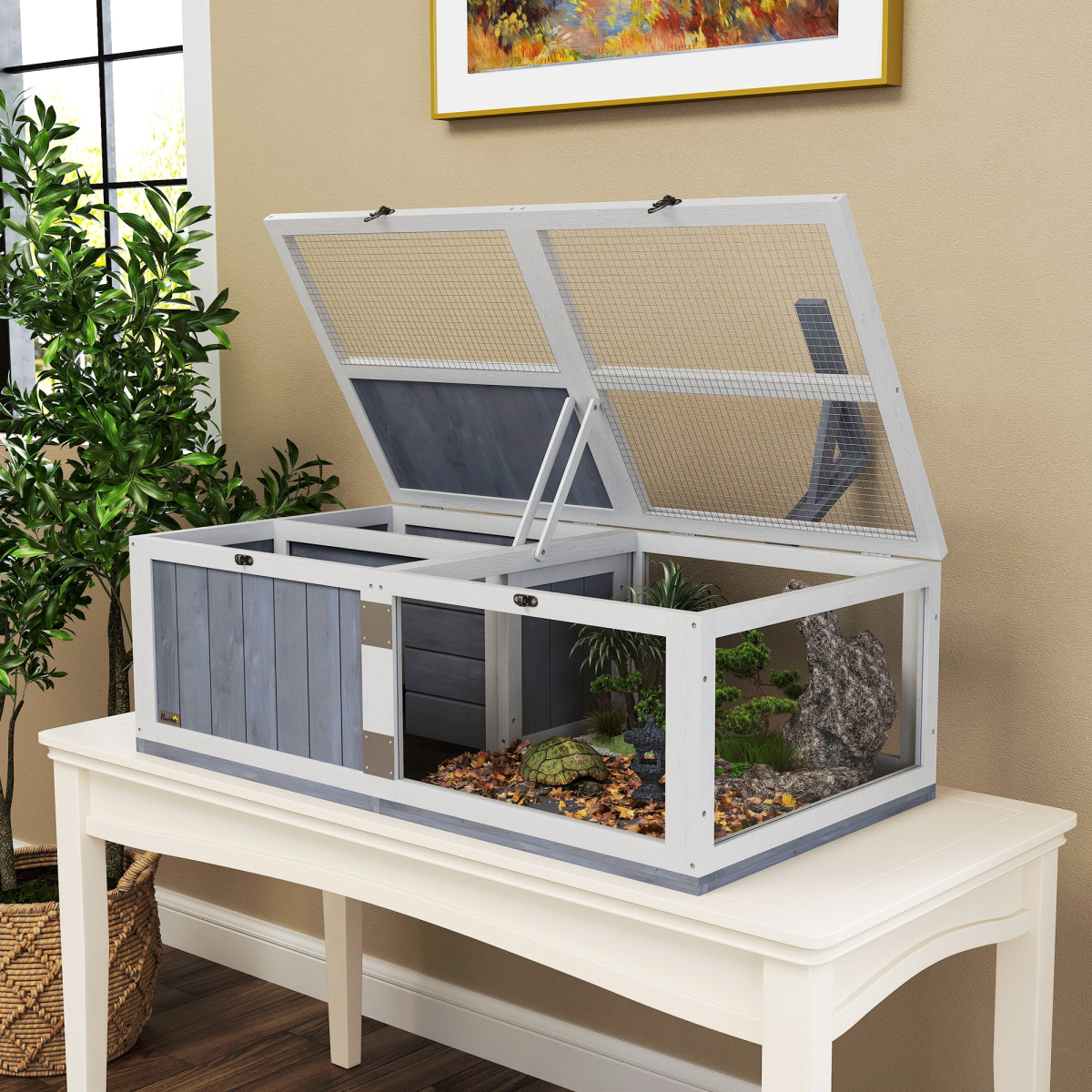 PawHut Wooden Tortoise House with Lamp Holder, Clear Windows